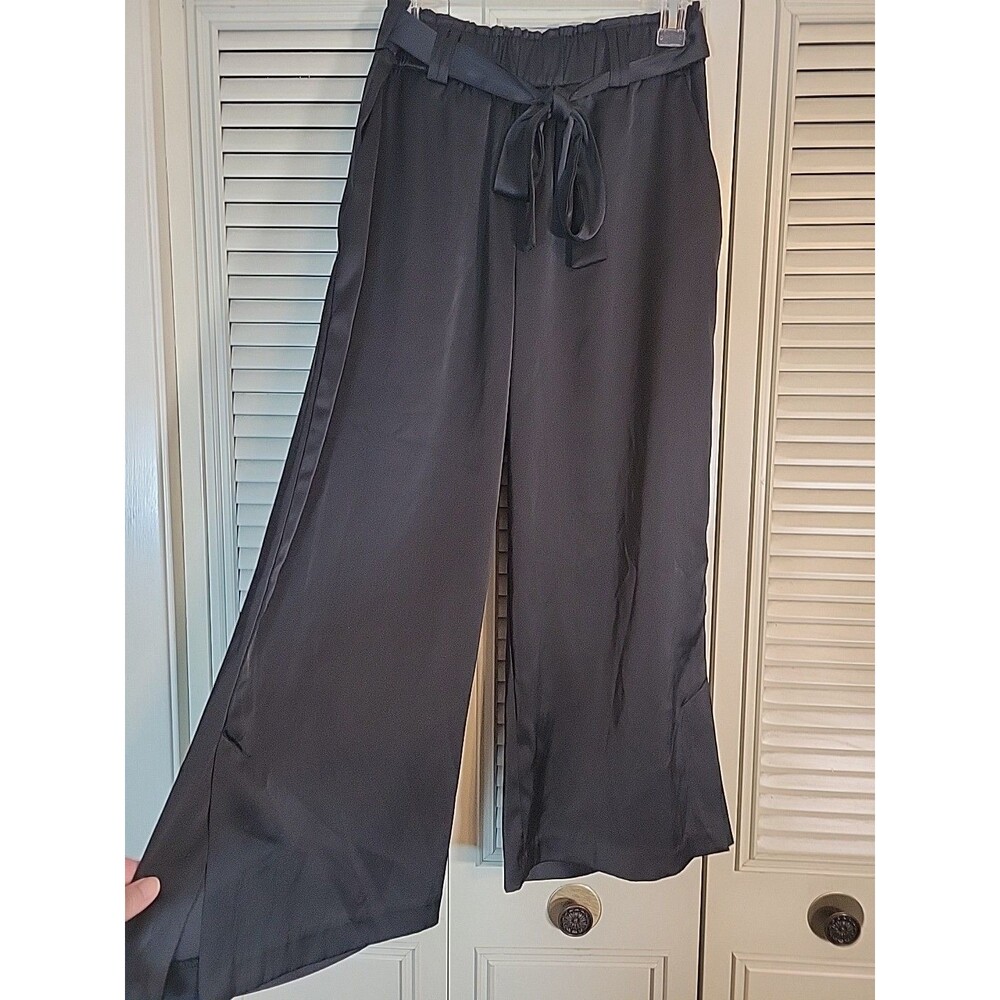 JOIE Satin Look Black Pants Wmns XS Wide Leg Tie on Waist Elegant Luxury Party